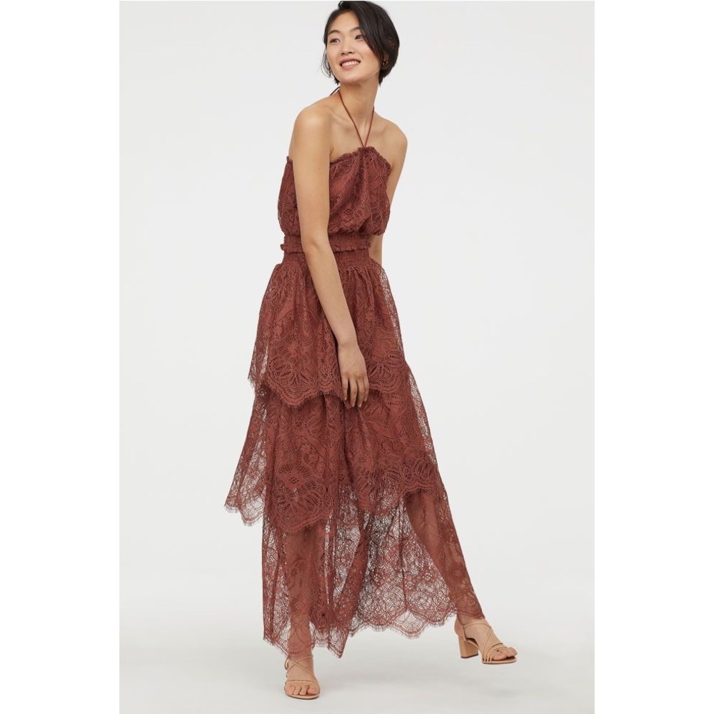 H&M Lace Two Piece Set Crop Top and Skirt in Rust